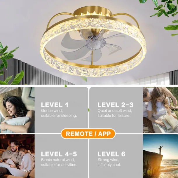 Ceiling Fan with Light Dimmable Circle Design Crystal 50cm 6 Wind Speeds Modern Ceiling Fan for Bedroom, Living Room App & Remote Control 110-240V