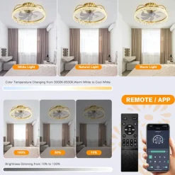 Ceiling Fan with Light Dimmable Circle Design Crystal 50cm 6 Wind Speeds Modern Ceiling Fan for Bedroom, Living Room App & Remote Control 110-240V