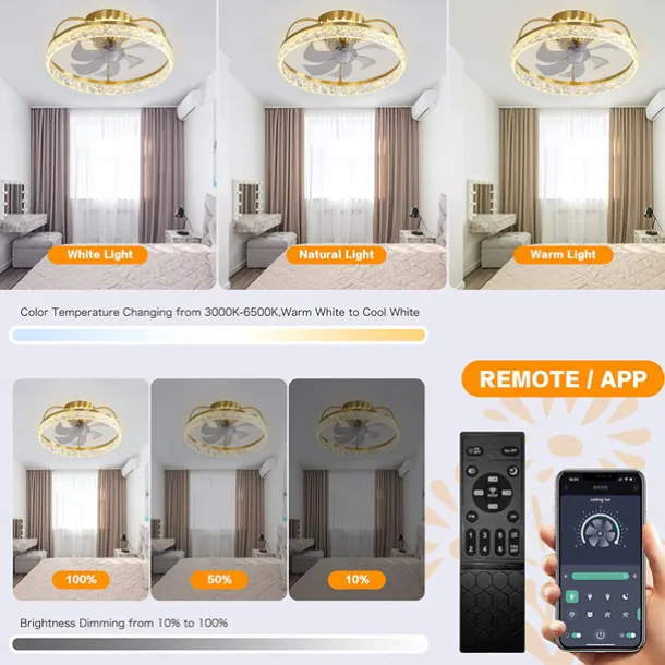 Ceiling Fan with Light Dimmable Circle Design Crystal 50cm 6 Wind Speeds Modern Ceiling Fan for Bedroom, Living Room App & Remote Control 110-240V
