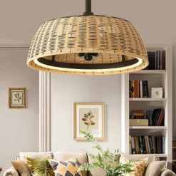 Ceiling Fan with Lights 22 Dimmable Rattan 6 Speeds Timing Reversible Blades with Remote Control Household Fan Chandelier Indoor Low Profile Flush Mount Ceiling Fan 110-240V