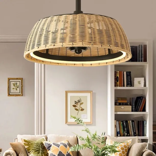 Ceiling Fan with Lights 22 Dimmable Rattan 6 Speeds Timing Reversible Blades with Remote Control Household Fan Chandelier Indoor Low Profile Flush Mount Ceiling Fan 110-240V