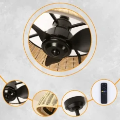 Ceiling Fan with Lights 22 Dimmable Rattan 6 Speeds Timing Reversible Blades with Remote Control Household Fan Chandelier Indoor Low Profile Flush Mount Ceiling Fan 110-240V