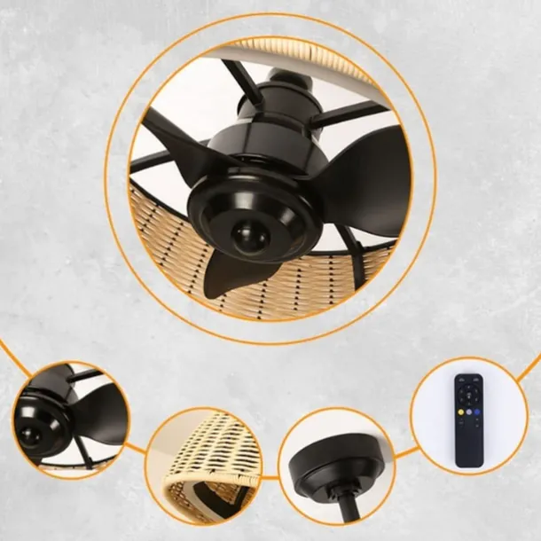 Ceiling Fan with Lights 22 Dimmable Rattan 6 Speeds Timing Reversible Blades with Remote Control Household Fan Chandelier Indoor Low Profile Flush Mount Ceiling Fan 110-240V