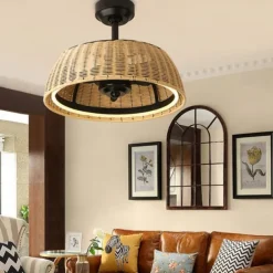 Ceiling Fan with Lights 22 Dimmable Rattan 6 Speeds Timing Reversible Blades with Remote Control Household Fan Chandelier Indoor Low Profile Flush Mount Ceiling Fan 110-240V