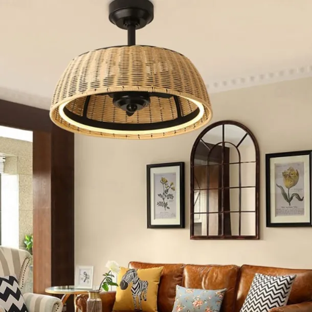 Ceiling Fan with Lights 22 Dimmable Rattan 6 Speeds Timing Reversible Blades with Remote Control Household Fan Chandelier Indoor Low Profile Flush Mount Ceiling Fan 110-240V