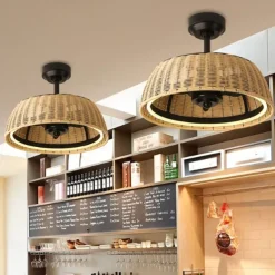 Ceiling Fan with Lights 22 Dimmable Rattan 6 Speeds Timing Reversible Blades with Remote Control Household Fan Chandelier Indoor Low Profile Flush Mount Ceiling Fan 110-240V