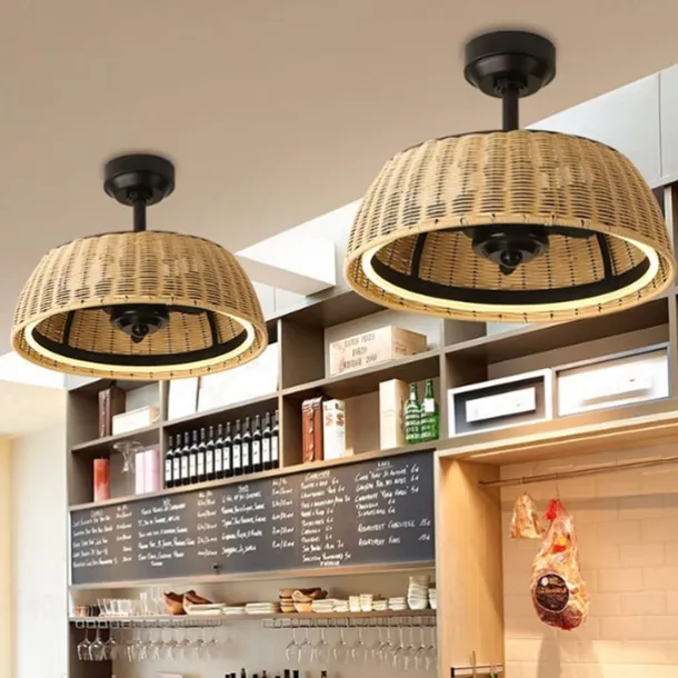 Ceiling Fan with Lights 22 Dimmable Rattan 6 Speeds Timing Reversible Blades with Remote Control Household Fan Chandelier Indoor Low Profile Flush Mount Ceiling Fan 110-240V