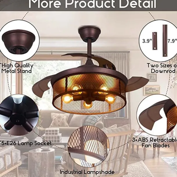 Ceiling Fans with Lights 5-Light 19.5" Dimmable Retro Design Ceiling Lights Metal Artistic Style Modern Style Novelty Painted Finishes Black 85-265V