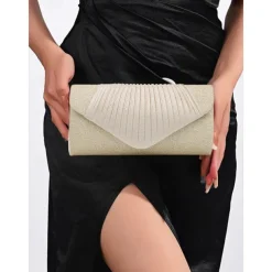 Champagne Glitter Evening Clutch Bag with Pleated Design – Elegant Handbag for Women, Perfect for Weddings, Parties, and Formal Events