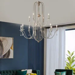 Chandelier for Dining Room Candle Style 6/9/12-Heads Modern Farmhouse Pendant Lighting,9-Light Brushed Candle Ceiling Hanging Fixture for Living Room Bedroom Coffee 110-240V