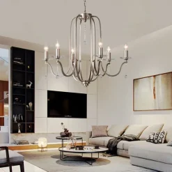 Chandelier for Dining Room Candle Style 6/9/12-Heads Modern Farmhouse Pendant Lighting,9-Light Brushed Candle Ceiling Hanging Fixture for Living Room Bedroom Coffee 110-240V