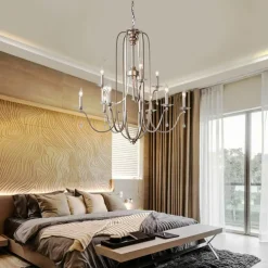 Chandelier for Dining Room Candle Style 6/9/12-Heads Modern Farmhouse Pendant Lighting,9-Light Brushed Candle Ceiling Hanging Fixture for Living Room Bedroom Coffee 110-240V