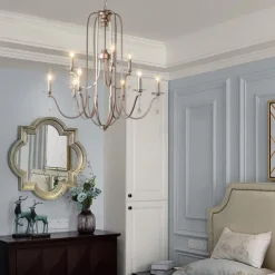 Chandelier for Dining Room Candle Style 6/9/12-Heads Modern Farmhouse Pendant Lighting,9-Light Brushed Candle Ceiling Hanging Fixture for Living Room Bedroom Coffee 110-240V