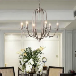 Chandelier for Dining Room Candle Style 6/9/12-Heads Modern Farmhouse Pendant Lighting,9-Light Brushed Candle Ceiling Hanging Fixture for Living Room Bedroom Coffee 110-240V