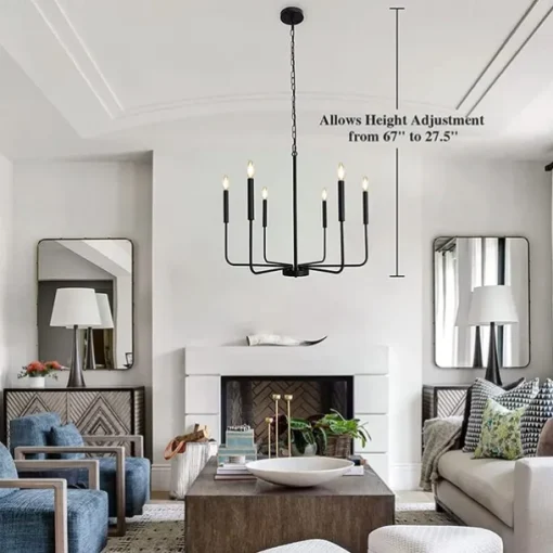 Chandelier 6-Light 26" Modern Metal Farmhouse Chandelier Wrought Iron Classic Candle Ceiling Pendant Light Fixture for Dining Room Living Room Kitchen Island Entry Stairwell, Dia 26" 110-240V