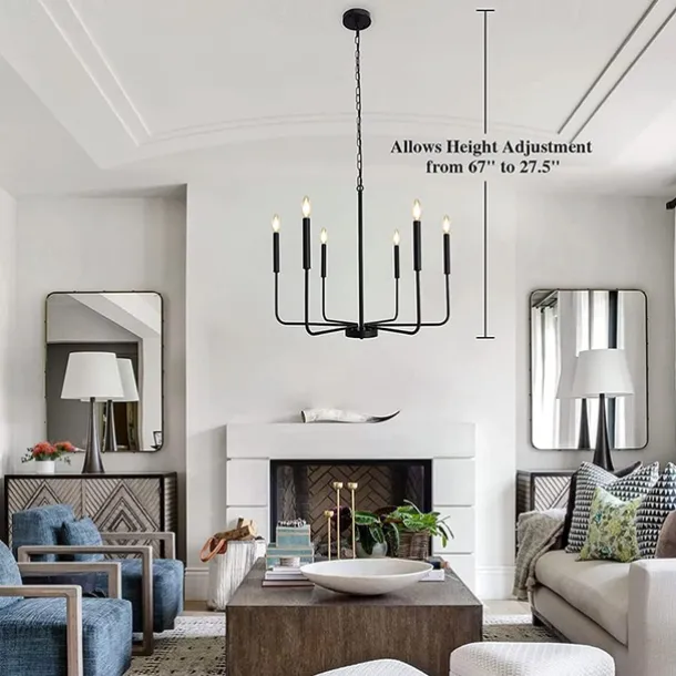 Chandelier 6-Light 26" Modern Metal Farmhouse Chandelier Wrought Iron Classic Candle Ceiling Pendant Light Fixture for Dining Room Living Room Kitchen Island Entry Stairwell, Dia 26" 110-240V