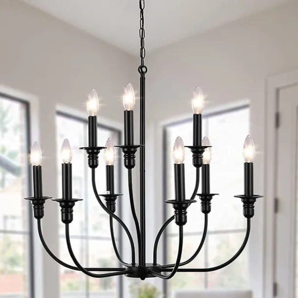 Chandelier 6-Light Modern Farmhouse Chandelier Wrought Iron Classic Candle Ceiling Pendant Light Fixture for Dining Room Living Room Kitchen Island Entry Stairwell, Dia 26" 110-240V