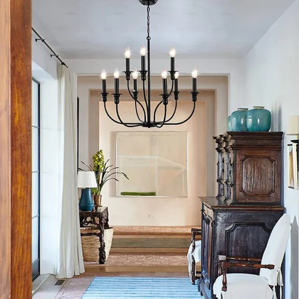 Chandelier 6-Light Modern Farmhouse Chandelier Wrought Iron Classic Candle Ceiling Pendant Light Fixture for Dining Room Living Room Kitchen Island Entry Stairwell, Dia 26" 110-240V