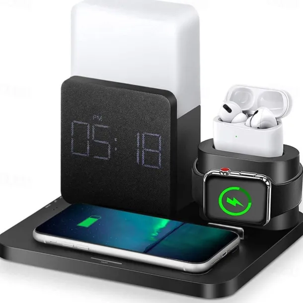 Charging Station 15 W Output Power Wireless Charging Station MSDS UN38.3 RoHs Fast Wireless Charging 5 in 1 Digital Clock For Apple Watch Cellphone AirPods 2 / AirPods Pro