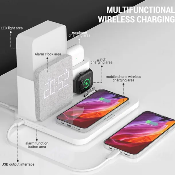 Charging Station 15 W Output Power Wireless Charging Station MSDS UN38.3 RoHs Fast Wireless Charging 5 in 1 Digital Clock For Apple Watch Cellphone AirPods 2 / AirPods Pro
