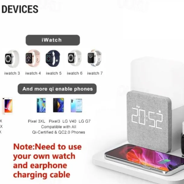 Charging Station 15 W Output Power Wireless Charging Station MSDS UN38.3 RoHs Fast Wireless Charging 5 in 1 Digital Clock For Apple Watch Cellphone AirPods 2 / AirPods Pro