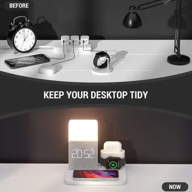 Charging Station 15 W Output Power Wireless Charging Station MSDS UN38.3 RoHs Fast Wireless Charging 5 in 1 Digital Clock For Apple Watch Cellphone AirPods 2 / AirPods Pro