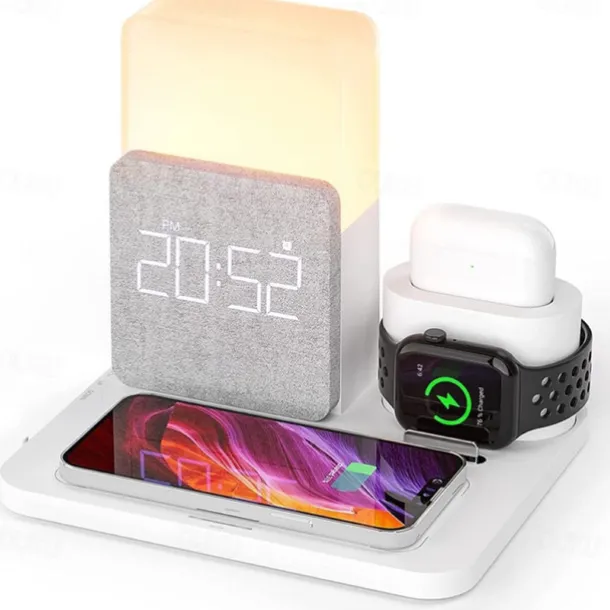 Charging Station 15 W Output Power Wireless Charging Station MSDS UN38.3 RoHs Fast Wireless Charging 5 in 1 Digital Clock For Apple Watch Cellphone AirPods 2 / AirPods Pro