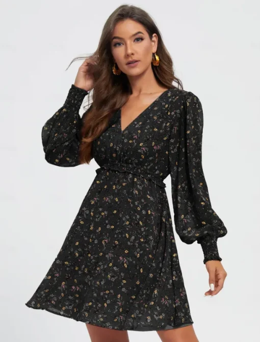 Chiffon Casual Floral Ruffle Swing Mini Dress