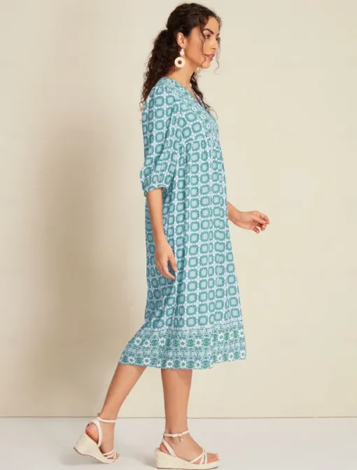 Chiffon Ethnic Floral Print Half Sleeve V Neck Midi Dress