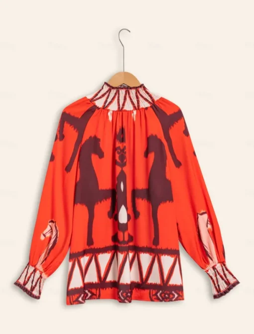 Chiffon Orange Bohemian Printing Turtleneck Blouse