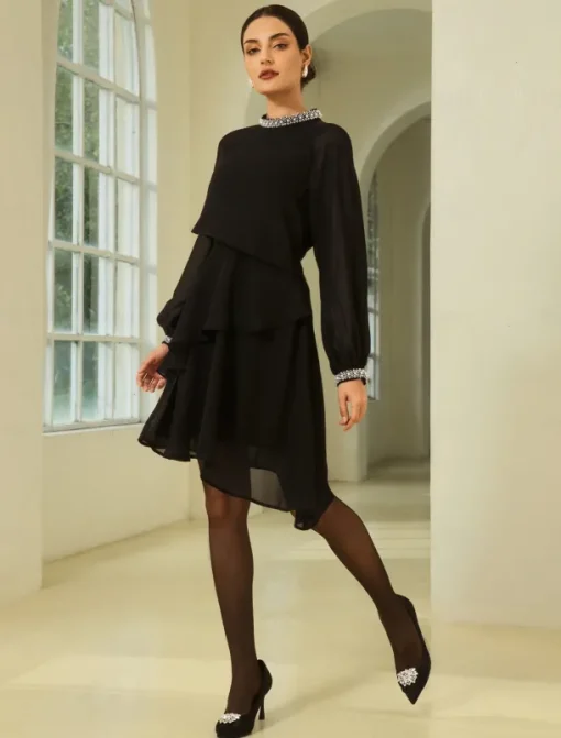Chiffon Ruffle Beading Asymmetric Mini Dress
