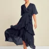 Chiffon Solid Wedding Guest Mismatched Ruffle Sleeve Maxi Dress