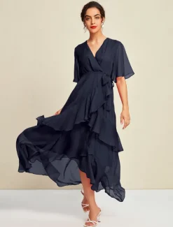 Chiffon Solid Wedding Guest Mismatched Ruffle Sleeve Maxi Dress