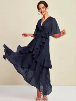 Chiffon Solid Wedding Guest Mismatched Ruffle Sleeve Maxi Dress