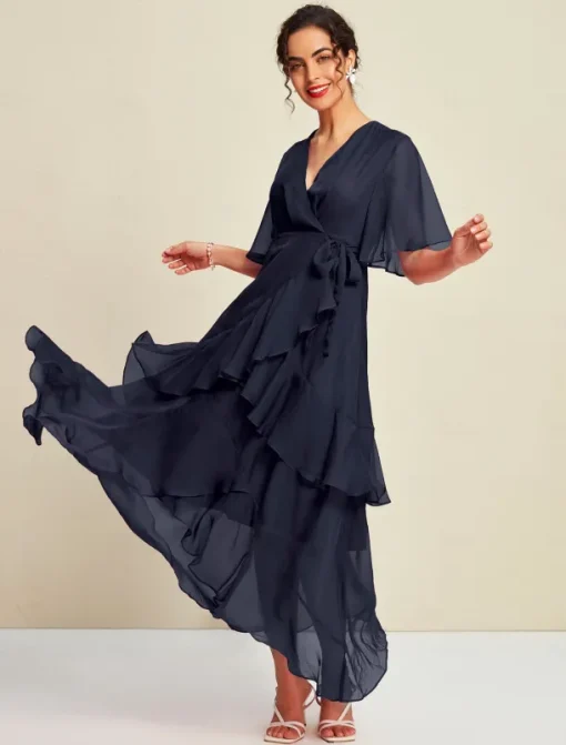Chiffon Solid Wedding Guest Mismatched Ruffle Sleeve Maxi Dress