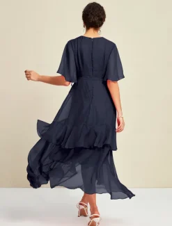 Chiffon Solid Wedding Guest Mismatched Ruffle Sleeve Maxi Dress