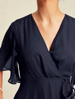 Chiffon Solid Wedding Guest Mismatched Ruffle Sleeve Maxi Dress