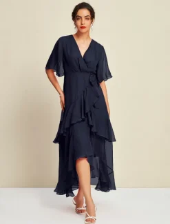 Chiffon Solid Wedding Guest Mismatched Ruffle Sleeve Maxi Dress