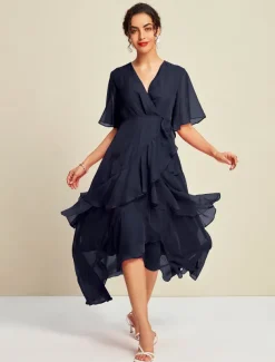 Chiffon Solid Wedding Guest Mismatched Ruffle Sleeve Maxi Dress