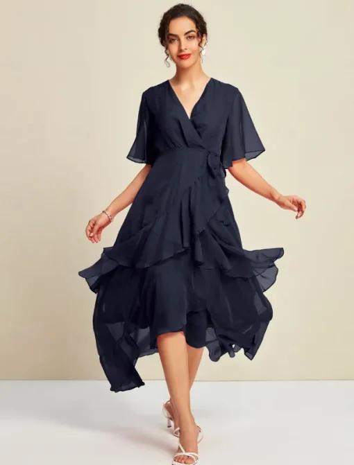 Chiffon Solid Wedding Guest Mismatched Ruffle Sleeve Maxi Dress