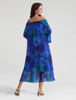 Chiffon Wedding Guest Royal Blue Floral Off Shoulder Long Sleeve Maxi Dress