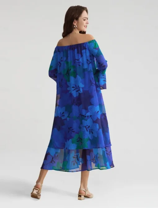 Chiffon Wedding Guest Royal Blue Floral Off Shoulder Long Sleeve Maxi Dress