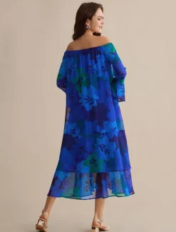Chiffon Wedding Guest Royal Blue Floral Off Shoulder Long Sleeve Maxi Dress