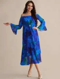 Chiffon Wedding Guest Royal Blue Floral Off Shoulder Long Sleeve Maxi Dress