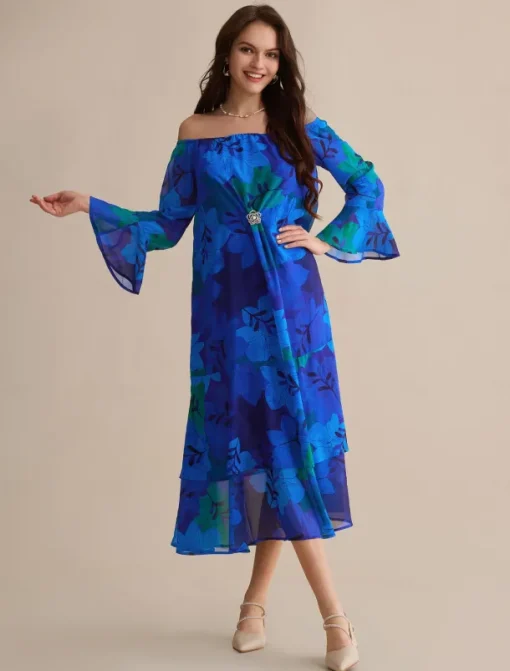 Chiffon Wedding Guest Royal Blue Floral Off Shoulder Long Sleeve Maxi Dress