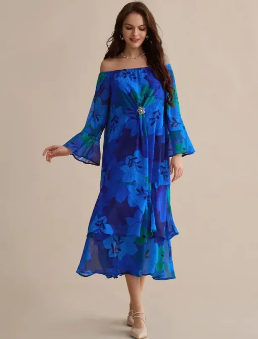Chiffon Wedding Guest Royal Blue Floral Off Shoulder Long Sleeve Maxi Dress