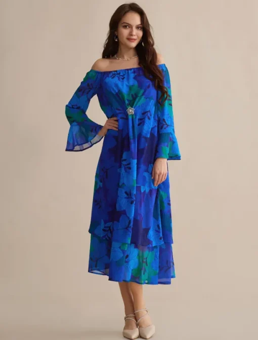 Chiffon Wedding Guest Royal Blue Floral Off Shoulder Long Sleeve Maxi Dress