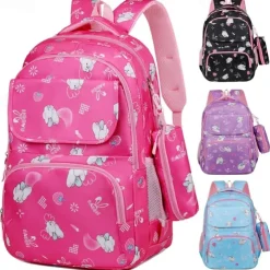 Children's Cartoon Printed School Backpack with Multi-Pockets, Lightweight Waterproof Kids Bookbag for Elementary Students, Available in Pink, Black, Purple and Blue