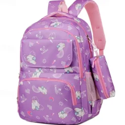 Children's Cartoon Printed School Backpack with Multi-Pockets, Lightweight Waterproof Kids Bookbag for Elementary Students, Available in Pink, Black, Purple and Blue