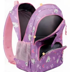 Children's Cartoon Printed School Backpack with Multi-Pockets, Lightweight Waterproof Kids Bookbag for Elementary Students, Available in Pink, Black, Purple and Blue